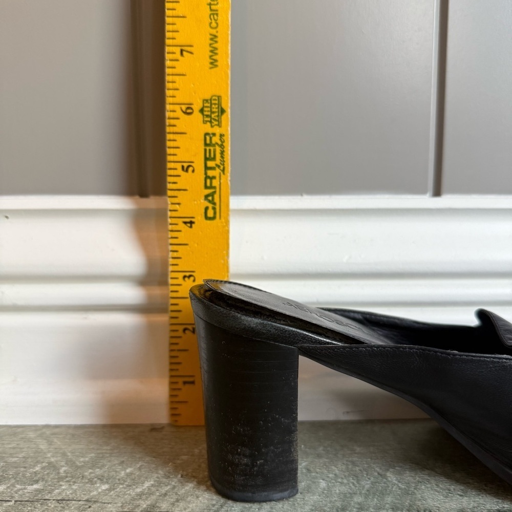 Vtg Clog Mules Womens 8 Black Leather Slip-On Heeled Sq Toe Block Heel Shoe - Picture 11 of 11